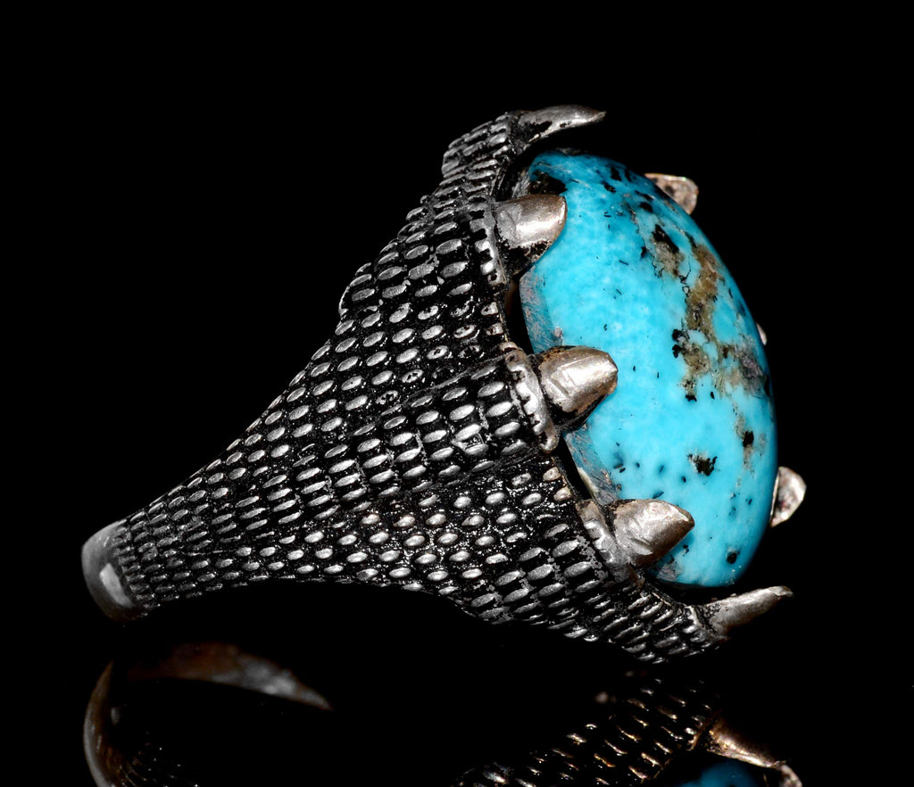 Silver Men's Ring - Arizona Turquoise Natural Stone - Hawk Claw Design (Model-1) — 4