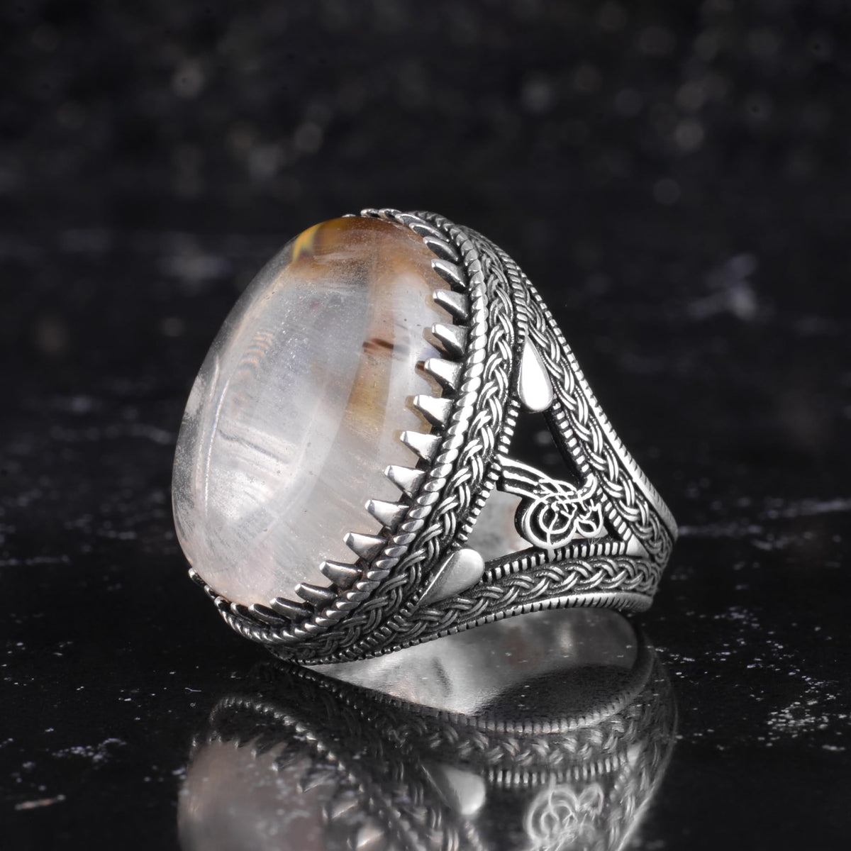 KAMBO Men's Natural Stone Ring – 925 Sterling Silver Large Statement Ring – Handmade Ottoman Pattern Jewelry (Rutilated Quartz-1) — 4