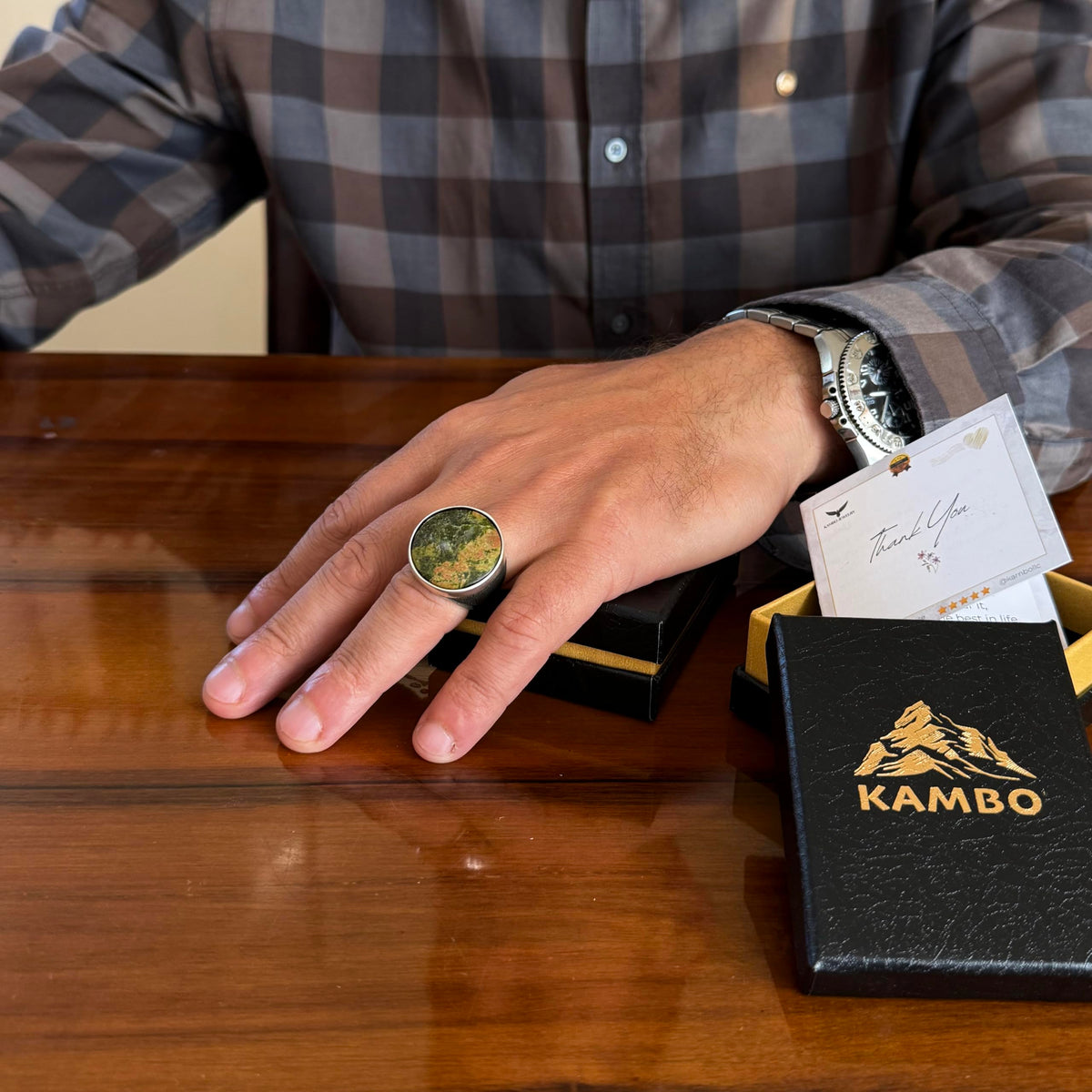 KAMBO 925 Sterling Silver Natural Stone Large Men's Ring – Handmade Round Shape Statement Silver Jewelry (Unakite) — 3