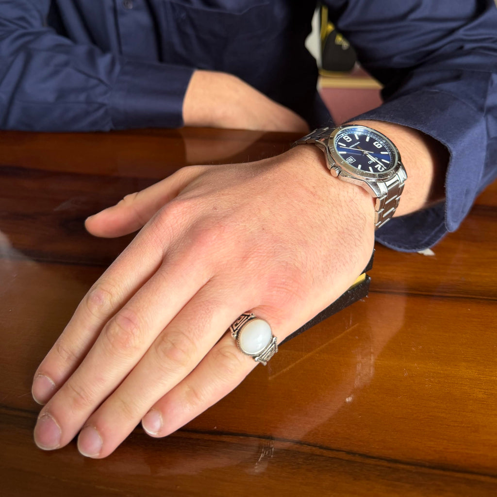 KAMBO Natural Opal Men's Ring 925 Sterling Silver Greek Key Pattern Seal Ring Oval White Stone Vintage Style — 3