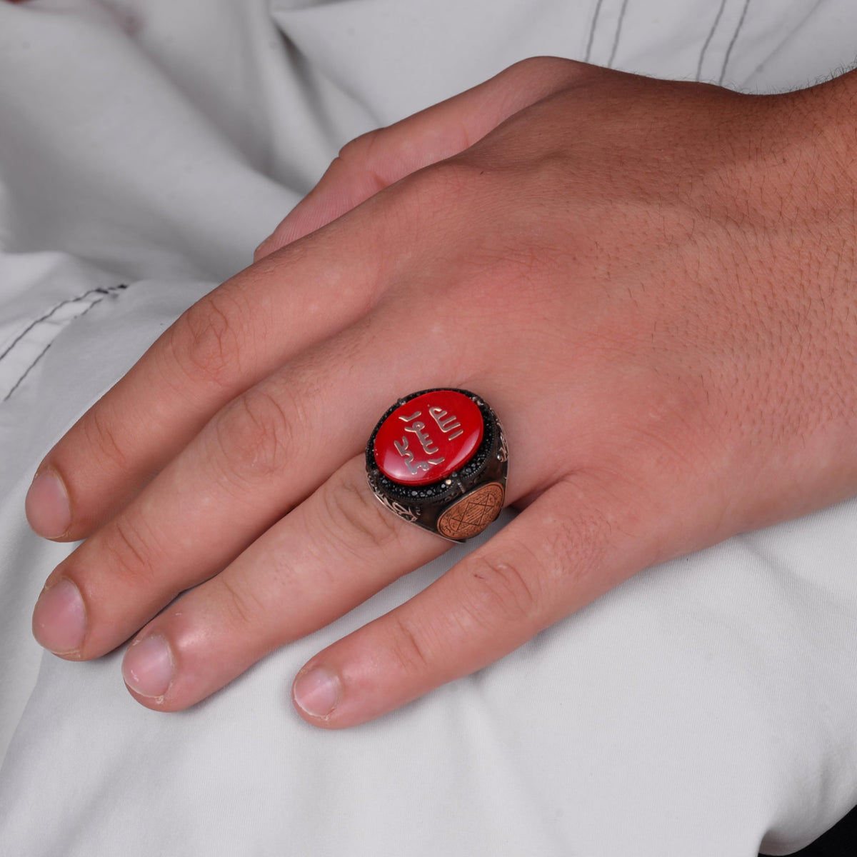 KAMBO Islamic Men's Ring - 925 Sterling Silver Handmade Men's Ring - Star of David Ring (Red) — 3
