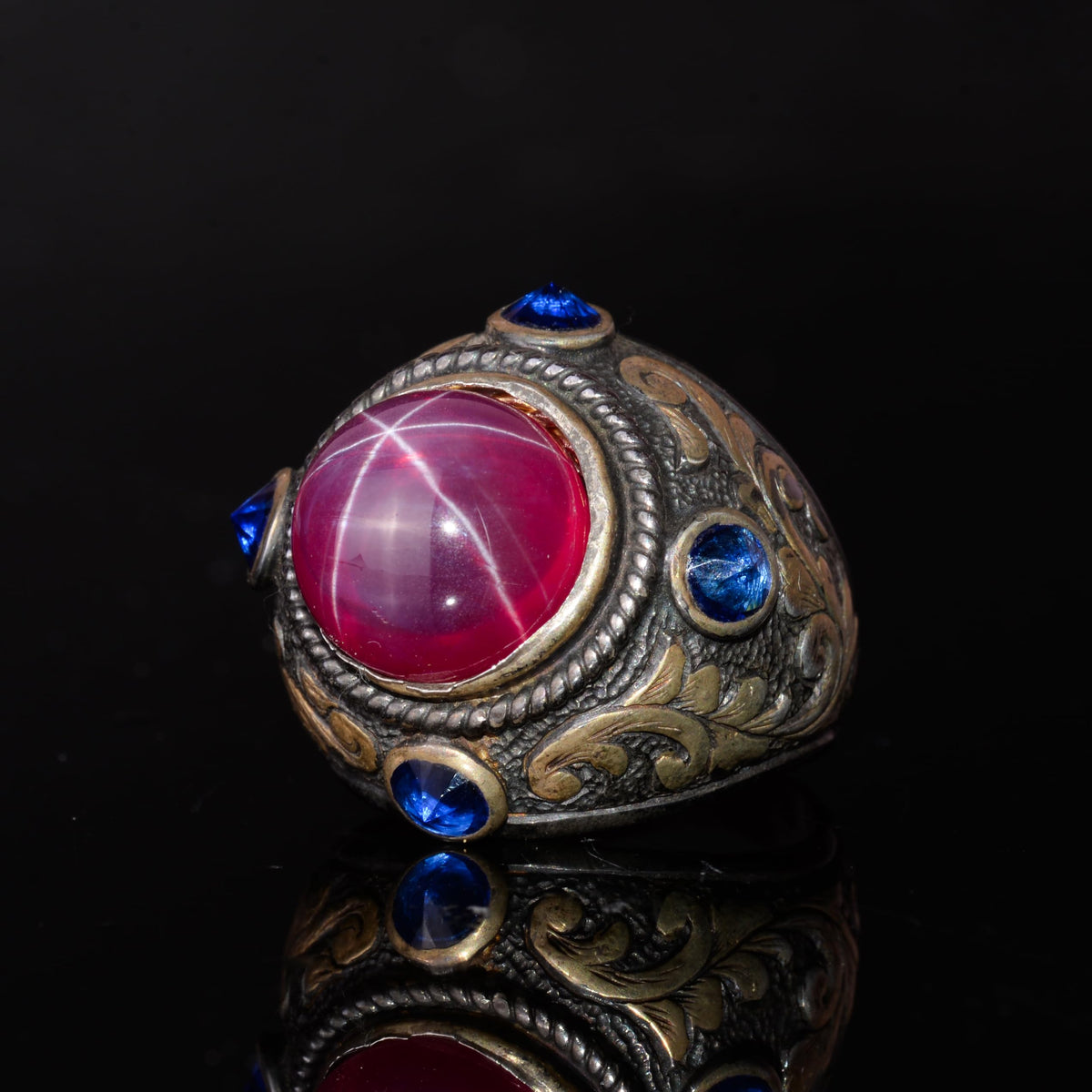 KAMBO Natural Star Ruby Stone Ring – 925 Sterling Silver Gold Plated Handmade Men's Ring – Round Stone Statement Jewelry — 5