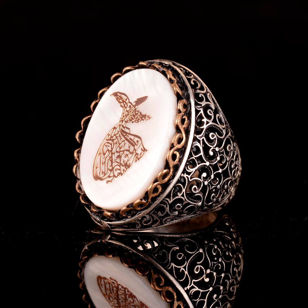 Noble and Symbolic Men's 925 Sterling Silver Ring - Whirling Dervish Symbol, Adorned with Natural Stones — 4