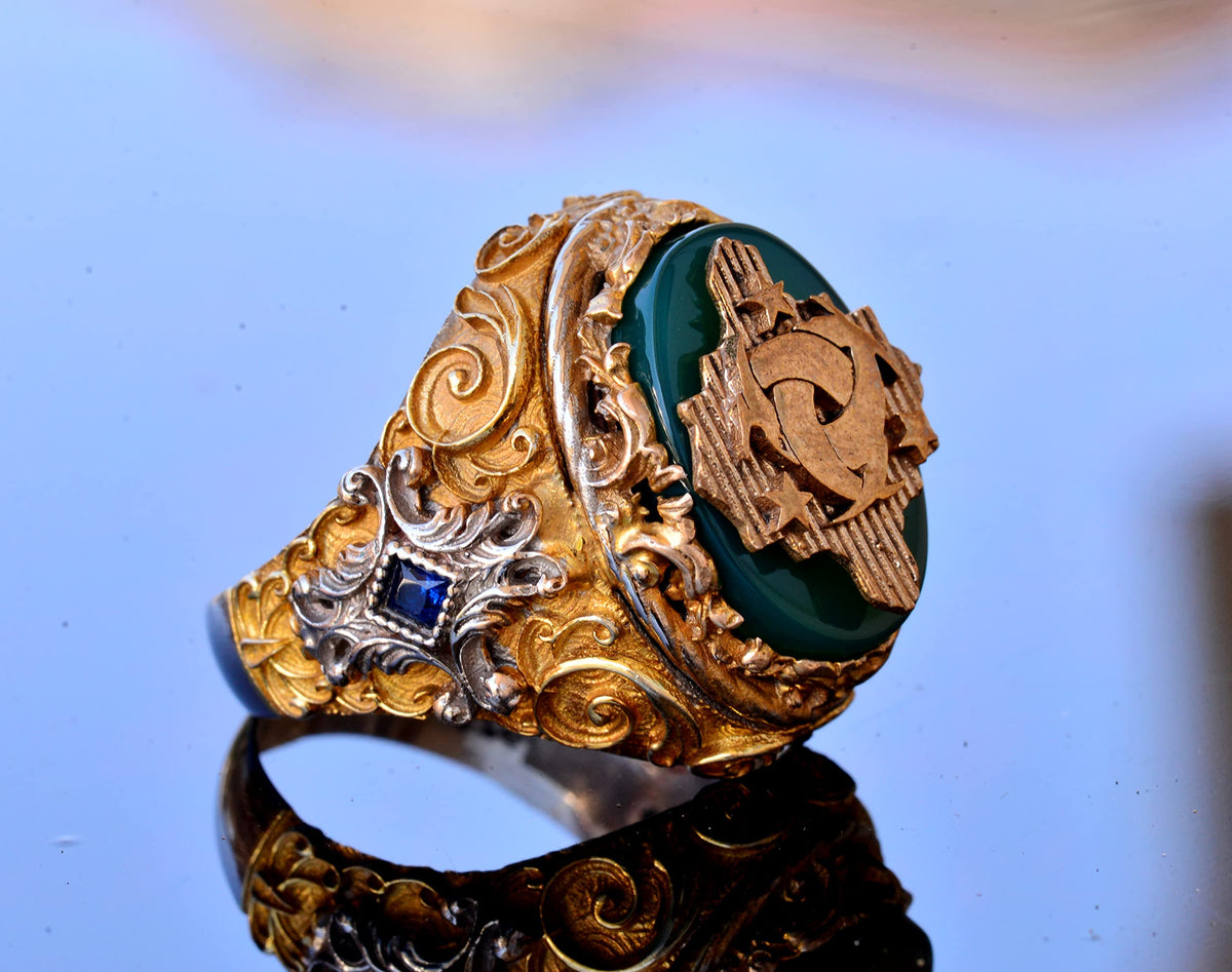 Jade Stone Ring - 925 Sterling Silver Signet Ring - Handmade Gold Plated Men's Ring (Family Crest) — 4
