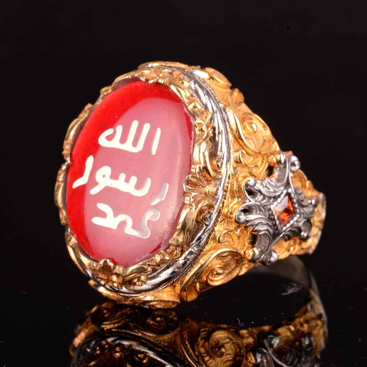 KAMBO Handmade 925 Sterling Silver Men's Ring with Created Red Agate Stone, Islamic Calligraphy Design, Vintage Statemen