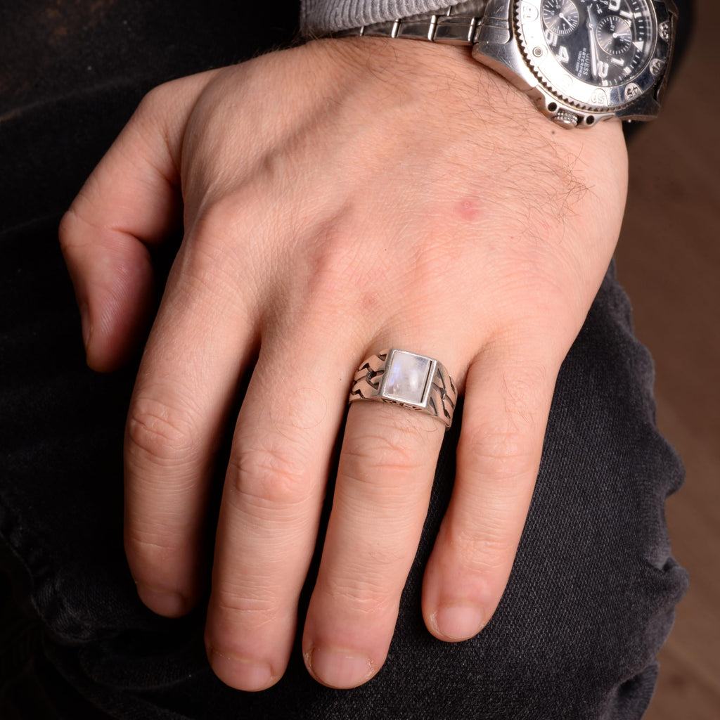 Kambo Real Natural Stone Men's Ring - 925 Sterling Silver Greek Key Pattern Ring — 3