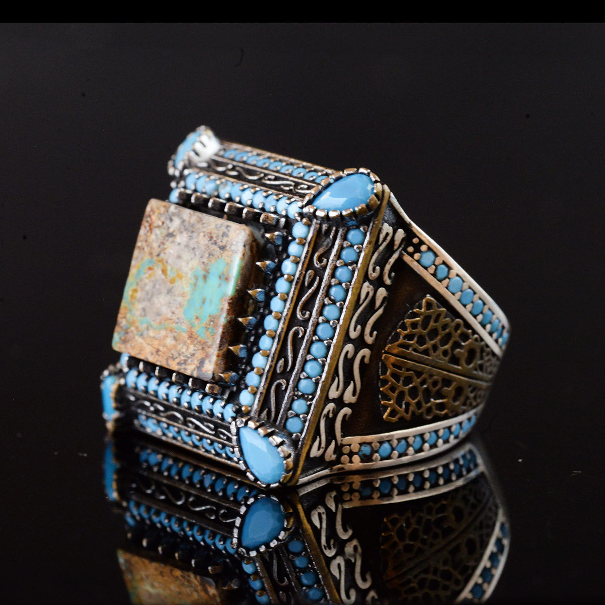 Natural Turquoise Stone Ring, Square Design - 925 Sterling Silver Men's Ring, Handcrafted Elegance — 3