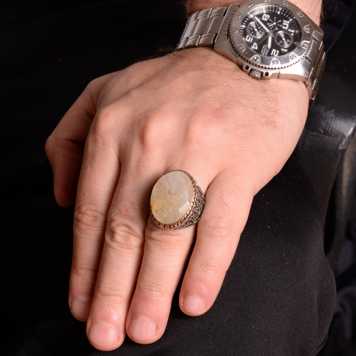 Real Natural Rutilated Quartz Stone Men's Ring - 925 Sterling Silver — 3