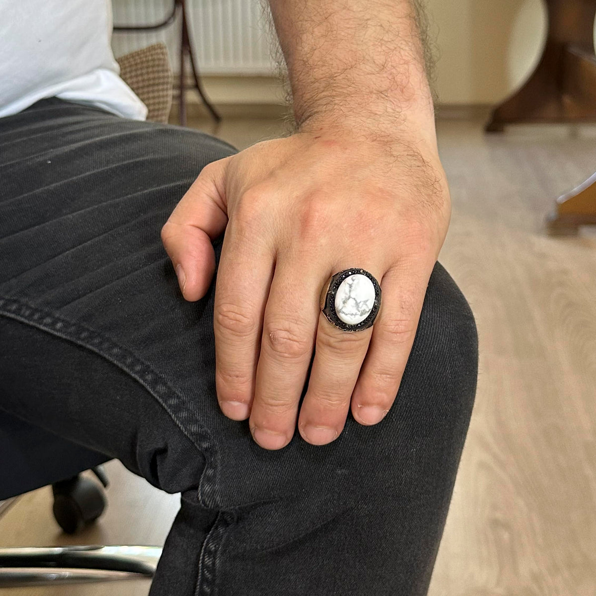 Star of David Silver Ring, Natural Howlite Stone Ring — 3