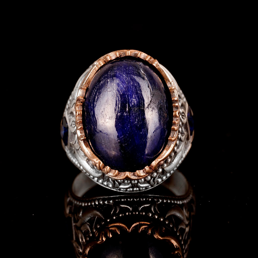 Handmade Silver Men's Ring | Natural Cabochon Sapphire Stone — 7
