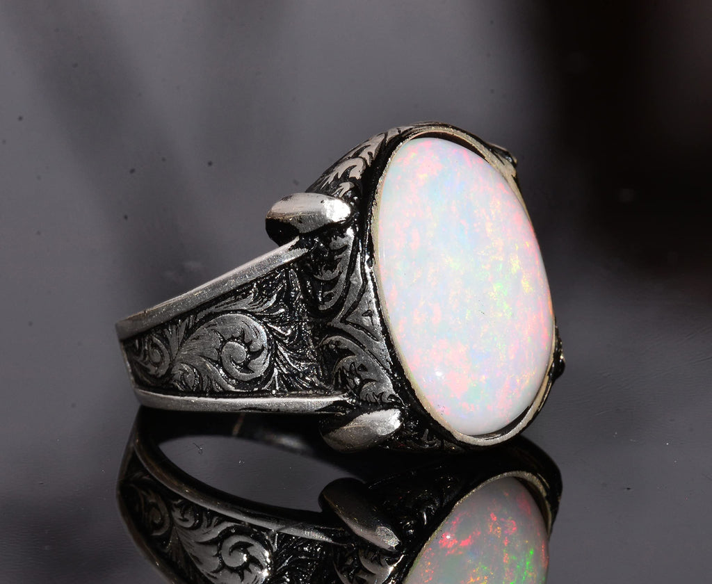 Real Natural Australian Opal Stone Silver Ring - 7.65 Carat, Vintage Ring — 4