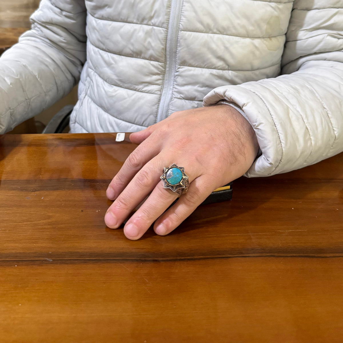 KAMBO Synthetic Turquoise Star Cut Men's Ring - 925 Sterling Silver Handmade, Bronze Detailed Large Ring — 3