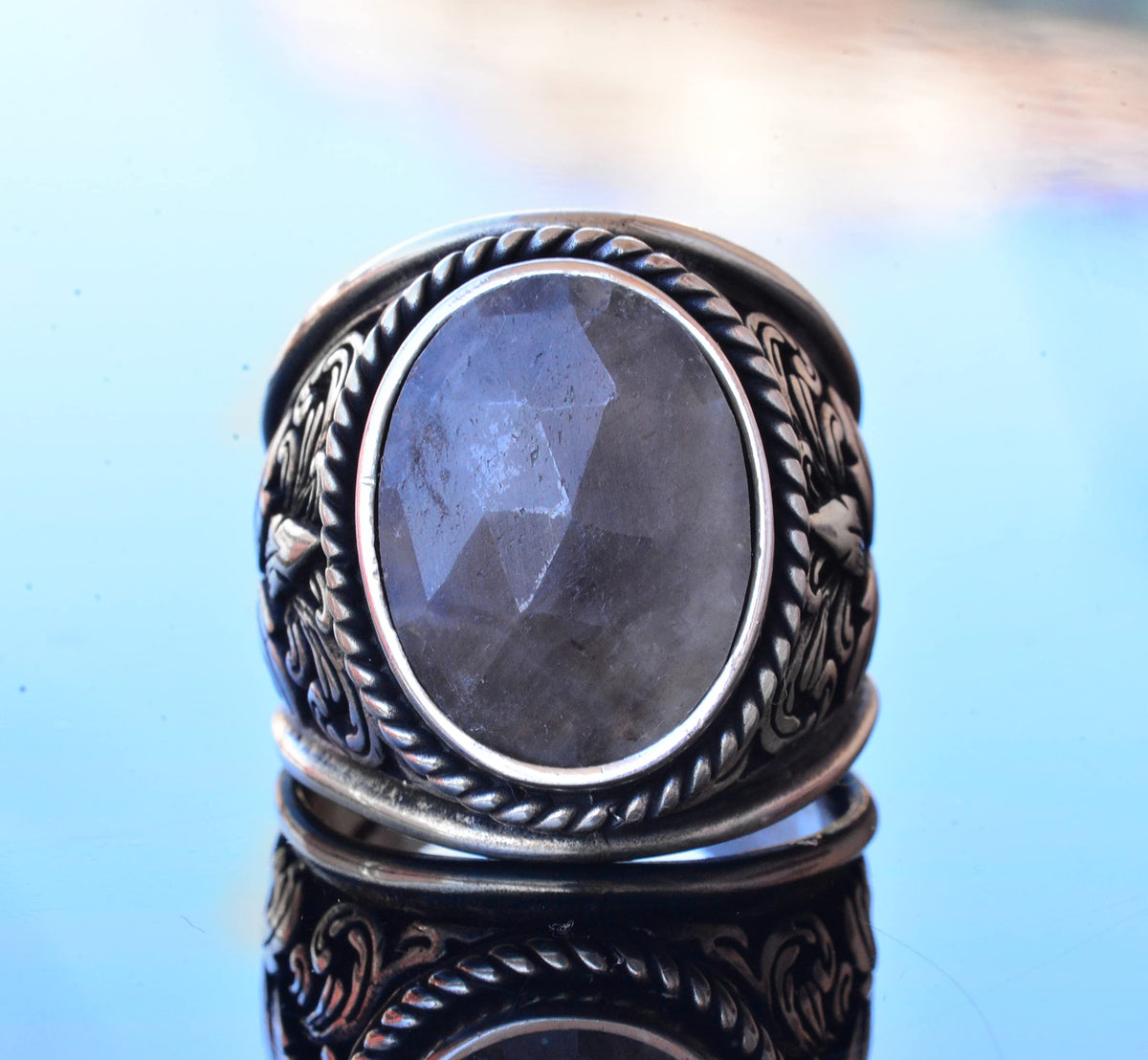 Handmade Natural Sapphire Stone Silver Men's Ring, Lily (Fleur-de-Lis) Design - Symbol of Wisdom and Nobility — 3