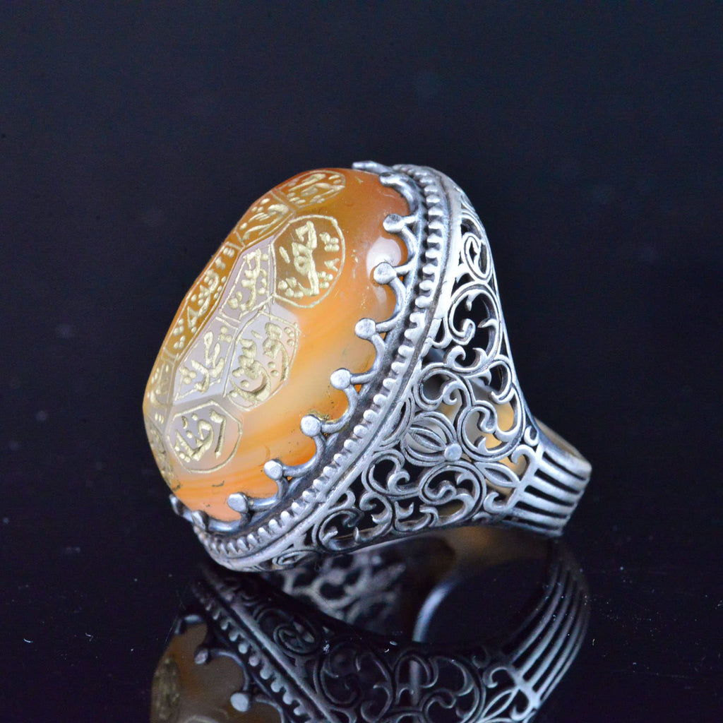 Natural Agate Islamic Calligraphy Ring - 925 Sterling Silver Handmade Men's Ring — 5