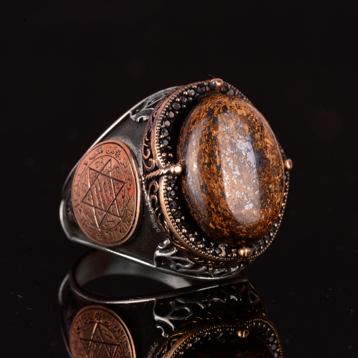 KAMBO 925 Sterling Silver Men's Ring – Bronzite Stone Star of David Ring — 5