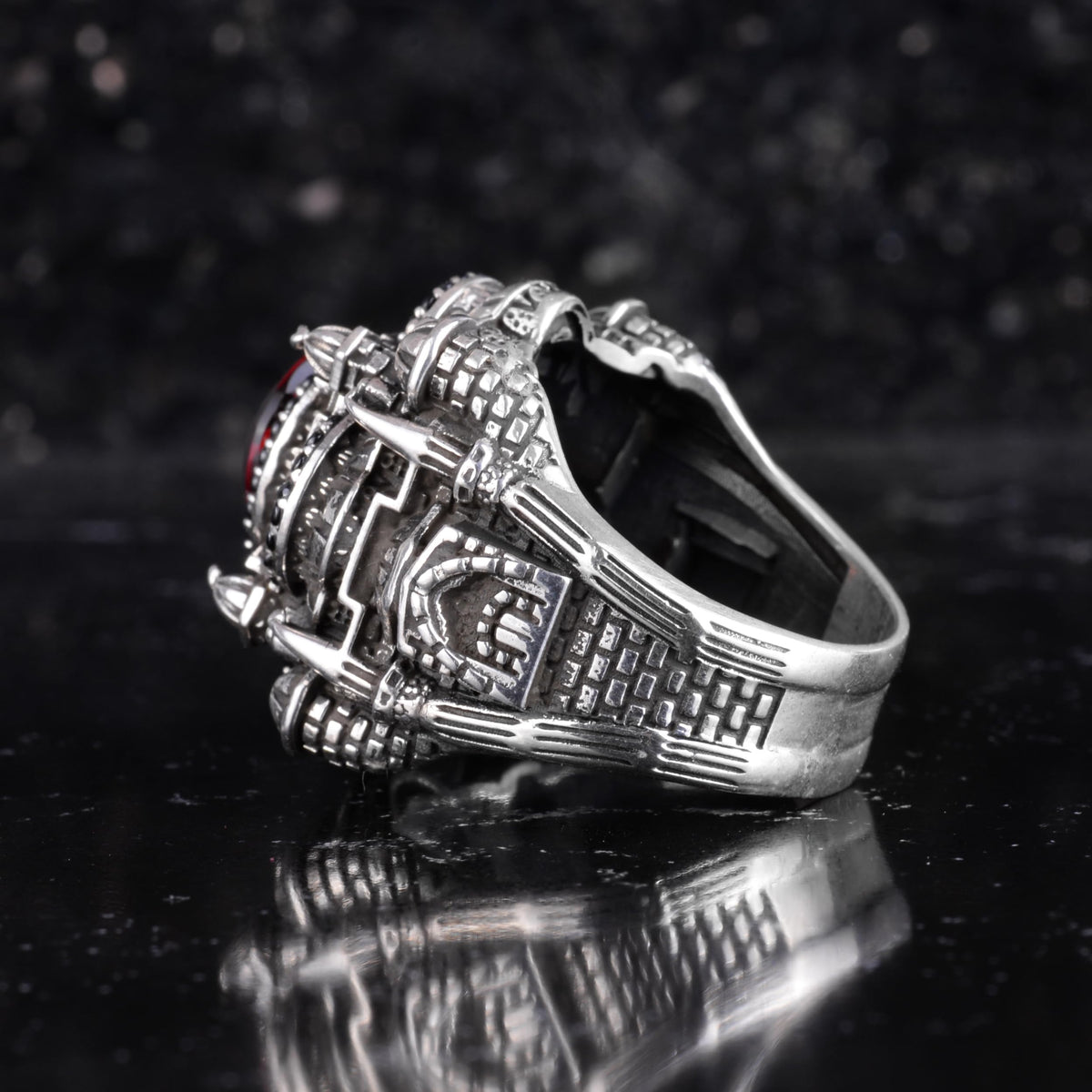 KAMBO Large Natural Stone Men's Ring 925 Sterling Silver – Handmade Statement Ring Inspired by Islamic Mosque (Mozanite-1) — 7