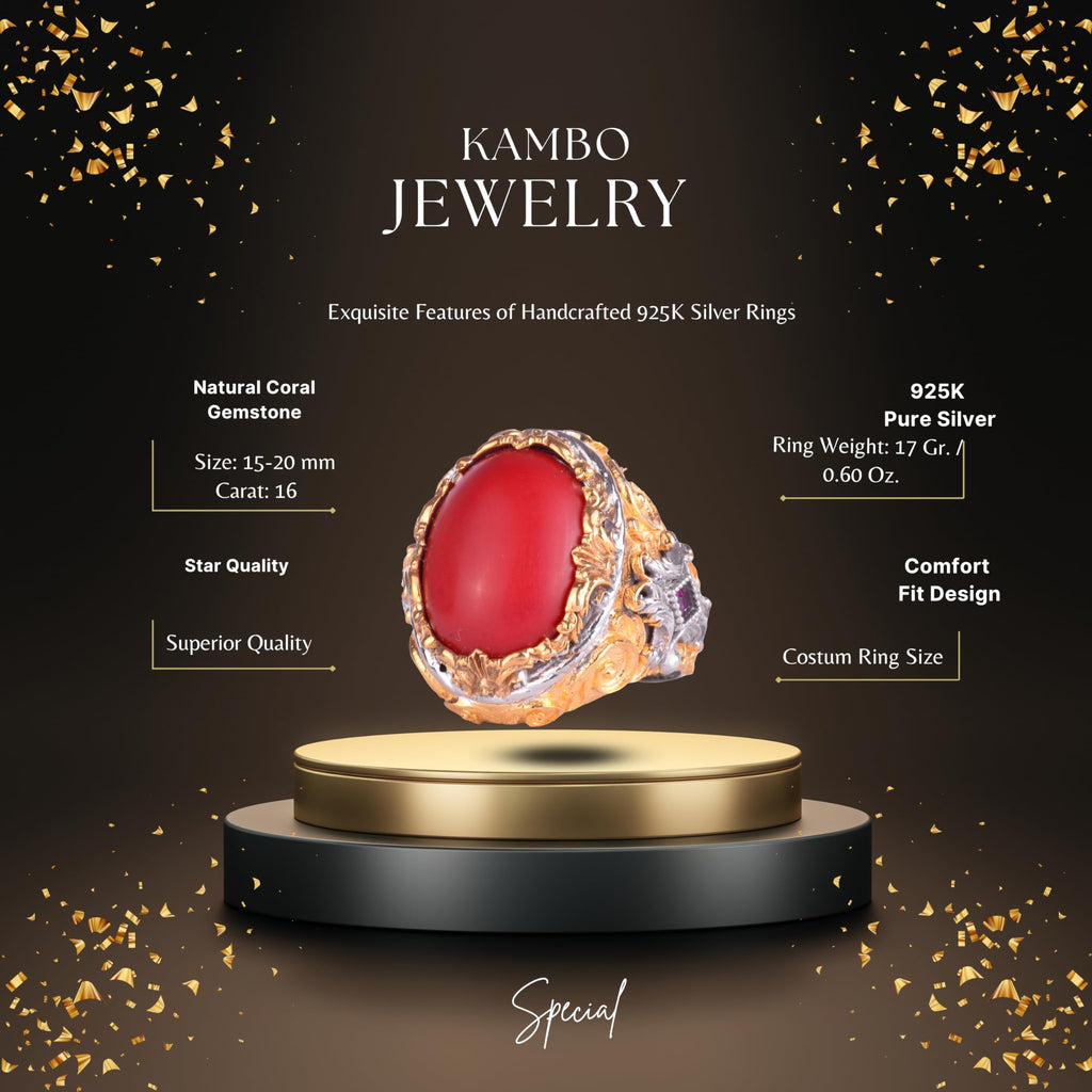 KAMBO Natural Coral Stone Men's Ring 925 Sterling Silver Gold Plated Large Statement Ring Handmade Vintage Design — 2