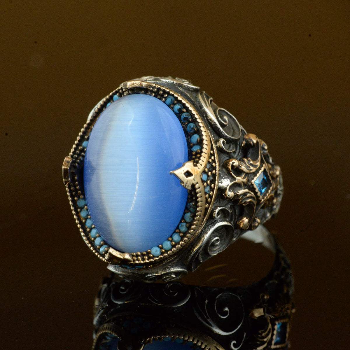 Handcrafted Artificial Stone Ring - 925 Sterling Silver Men's Jewelry (Blue Cat Eye) — 4
