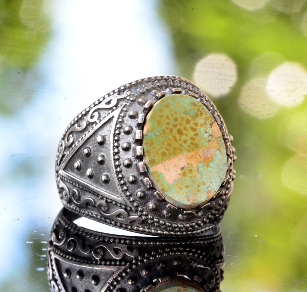 925 Sterling Silver Natural Arizona Turquoise Gemstone Men's Ring - Birthstone Ring - Vintage Design — 3