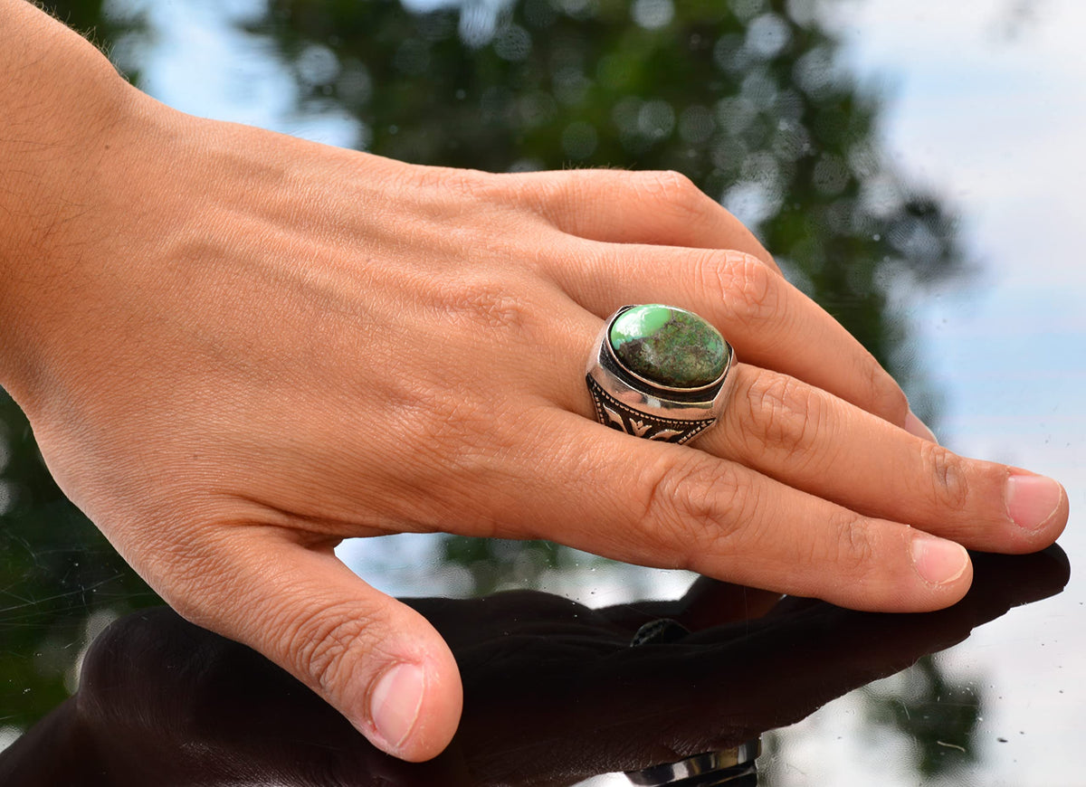 Natural Arizona Turquoise Stone Ring - Handmade 925 Sterling Silver Men's Ring — 6