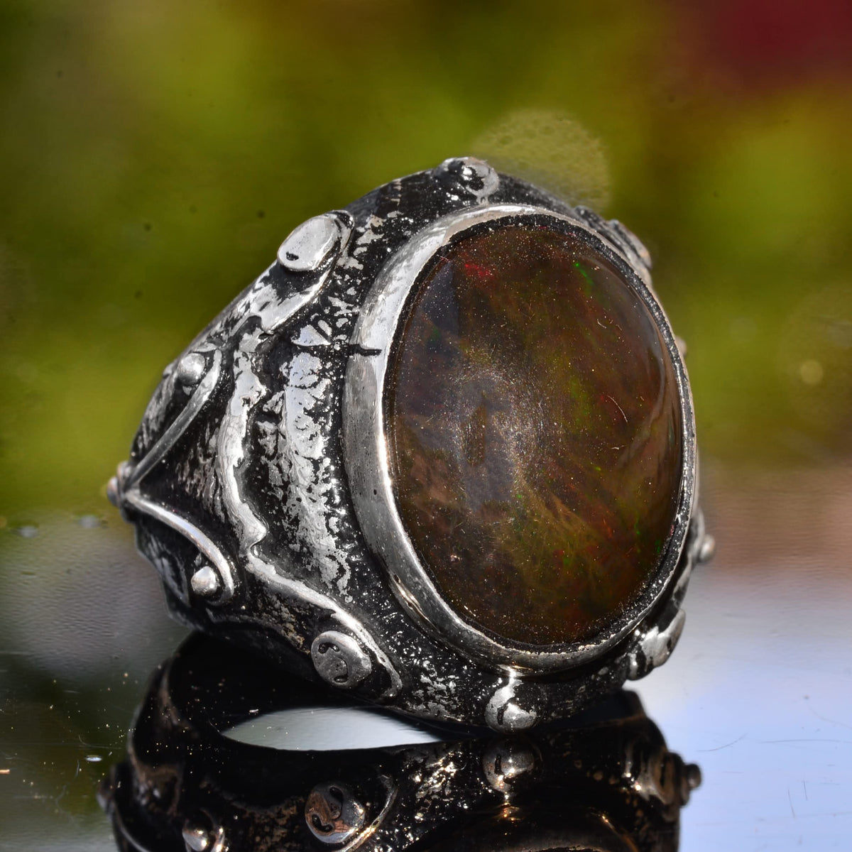 KAMBO Handmade 925 Sterling Silver Men's Ring with Natural Ethiopian Opal Gemstone, Vintage Statement Jewelry, Unique St