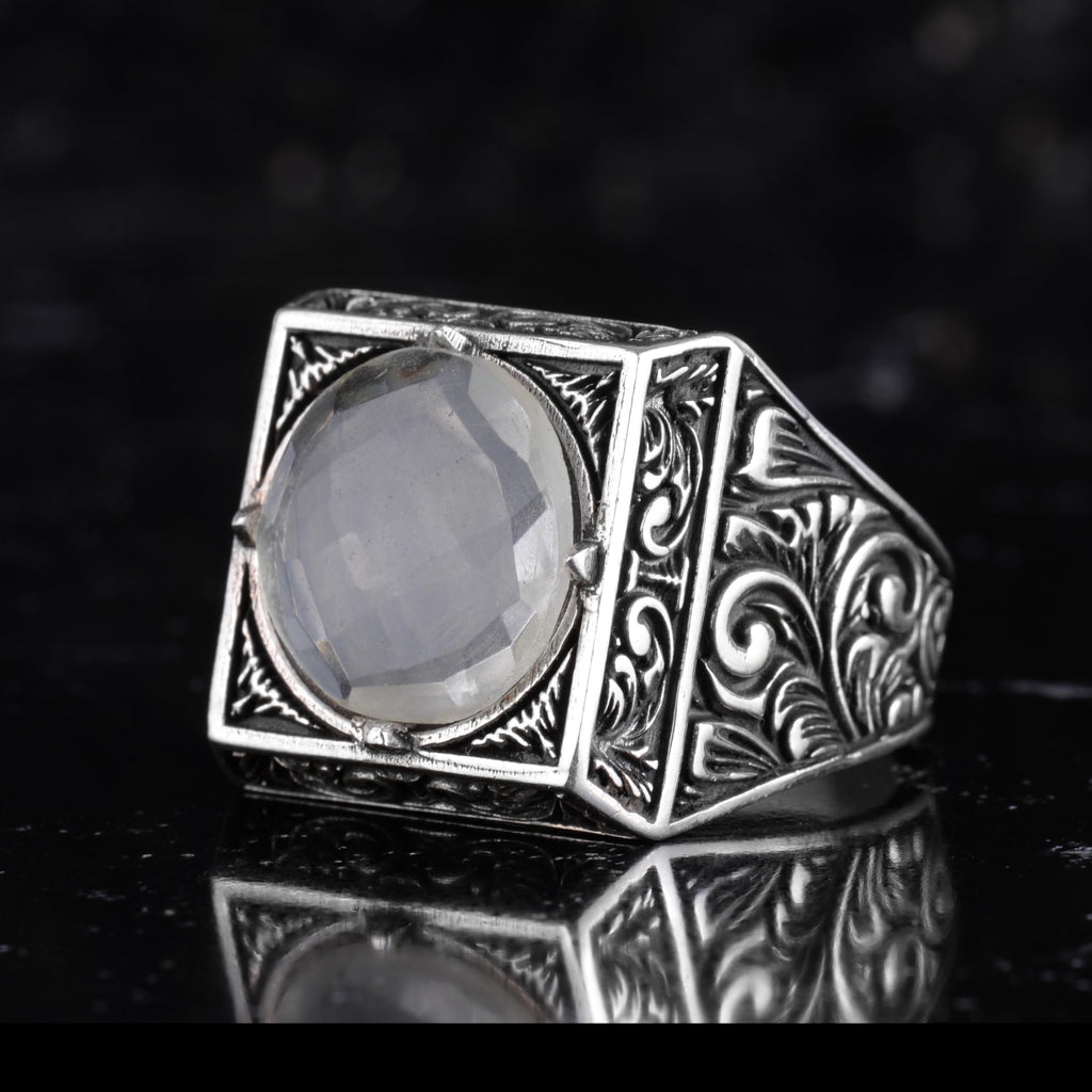 KAMBO Natural Round Stone Square Men's Ring 925 Sterling Silver – Ottoman Pattern Handmade Stone Ring (Lemon Quartz) — 5