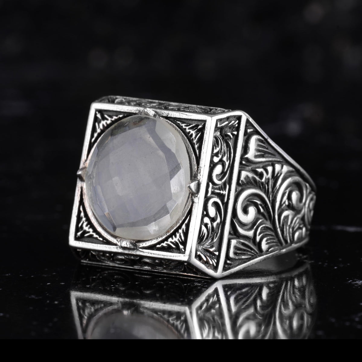 KAMBO Natural Round Stone Square Men's Ring 925 Sterling Silver – Ottoman Pattern Handmade Stone Ring (Lemon Quartz) — 5