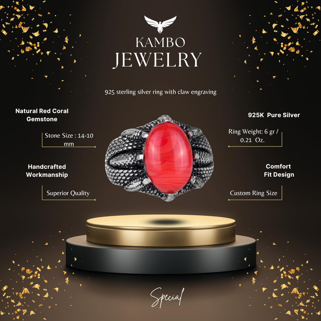 Silver Claw Ring with Natural Red Coral Stone — 2