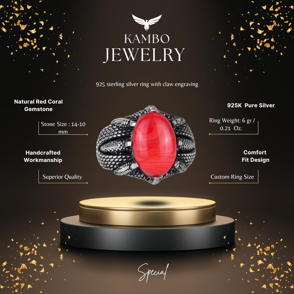 Silver Claw Ring with Natural Red Coral Stone — 2