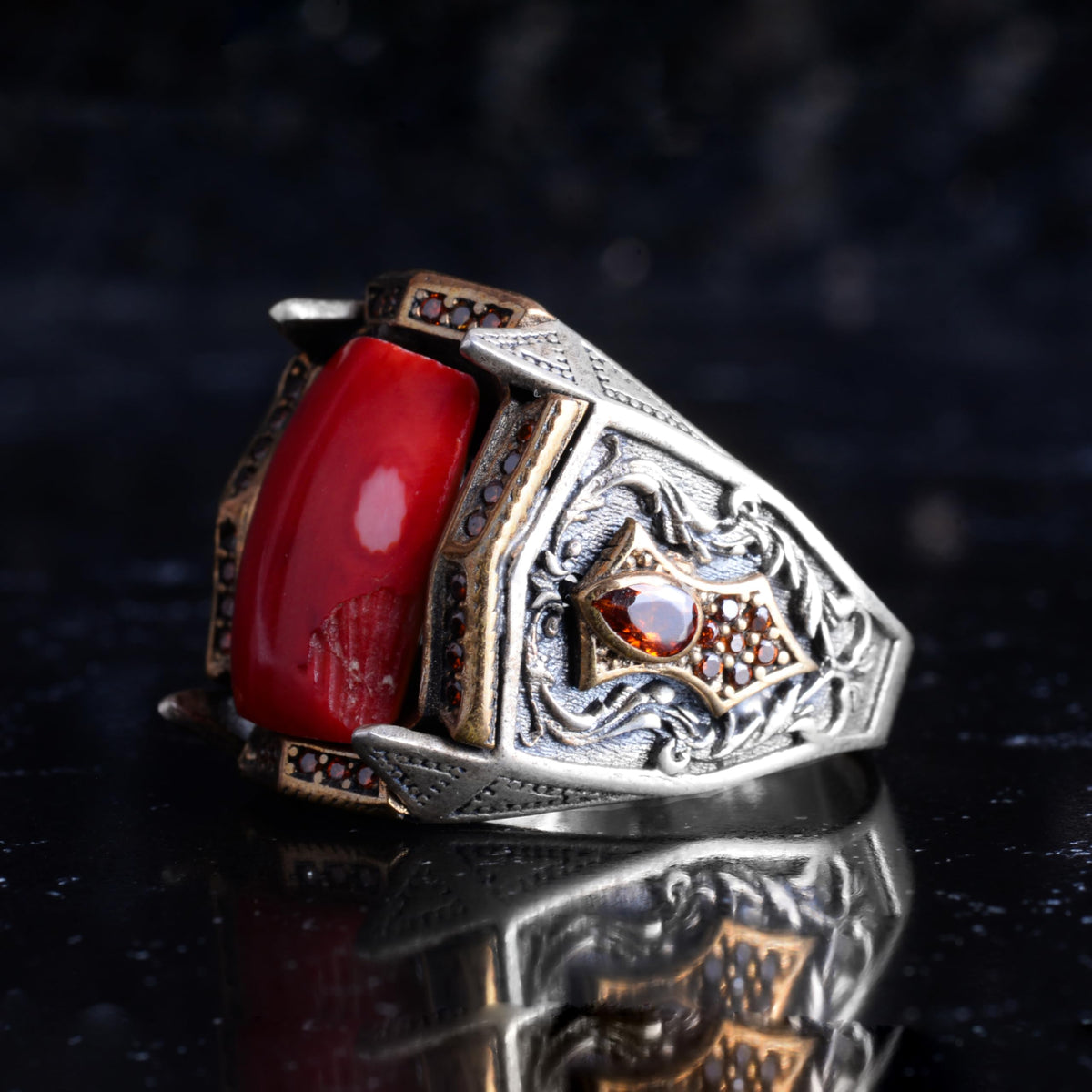 KAMBO Natural Coral Stone Men's Ring 925 Sterling Silver - Red Accent Stone Bronze Detail Statement Ring Handmade Jewelry — 5