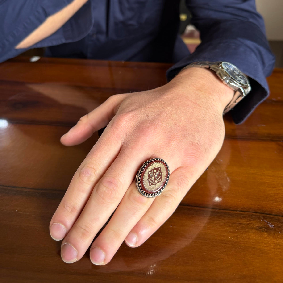 KAMBO Natural Agate Engraved Ottoman Tugra Style Seal Ring 925 Sterling Silver Large Men's Ring Oval Red Stone Handmade Vintage Design (Arabic Calligraphy) — 3