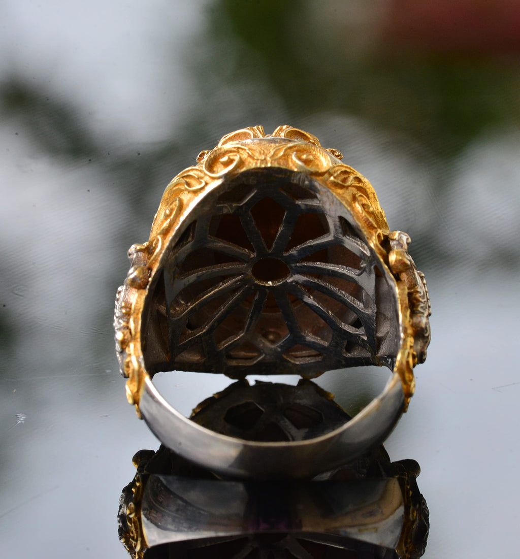 Men's Silver Ring - Natural Mother of Pearl Stone - Wolf Design — 8