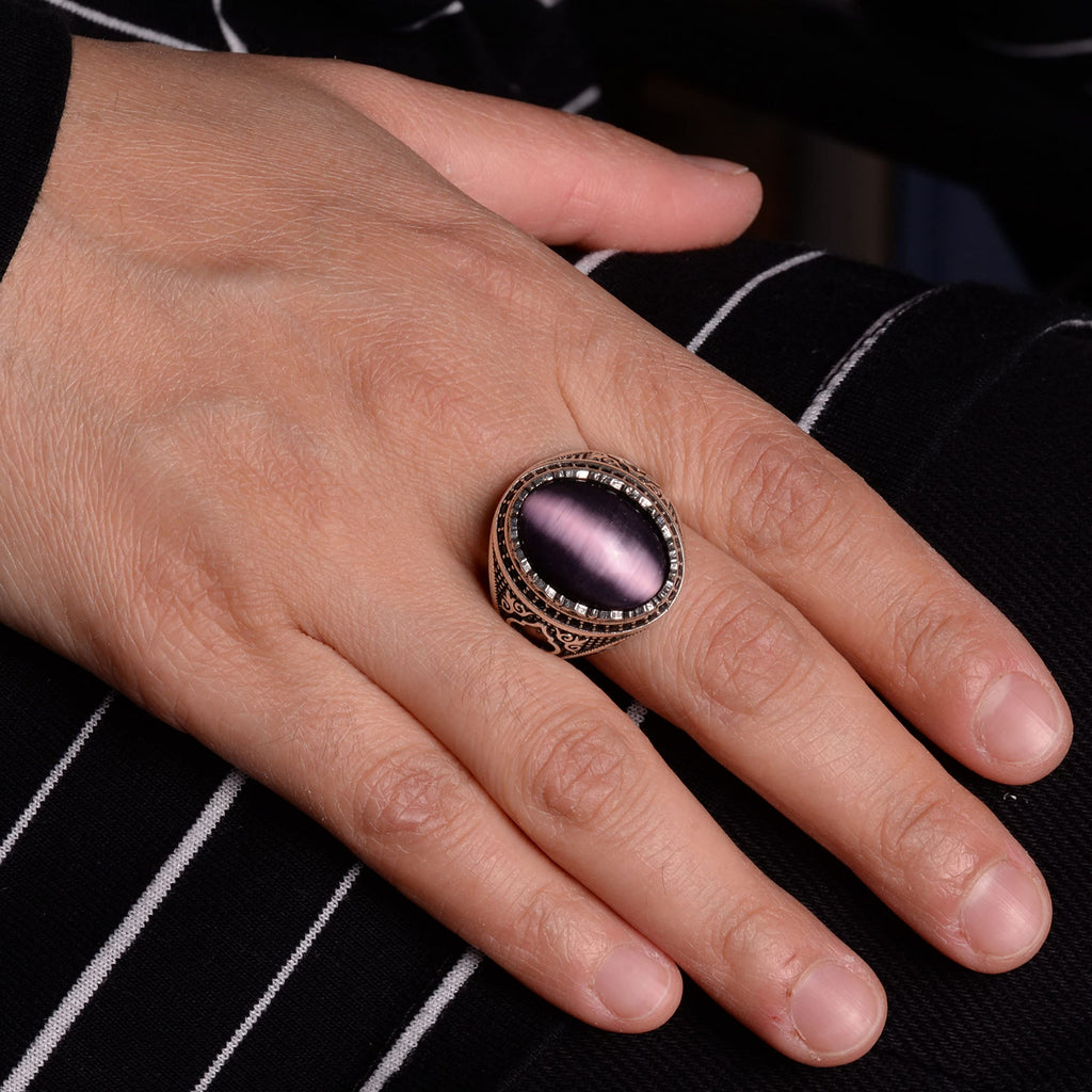 Natural Stone Ring, 925 Sterling Silver Men's Ring — 7