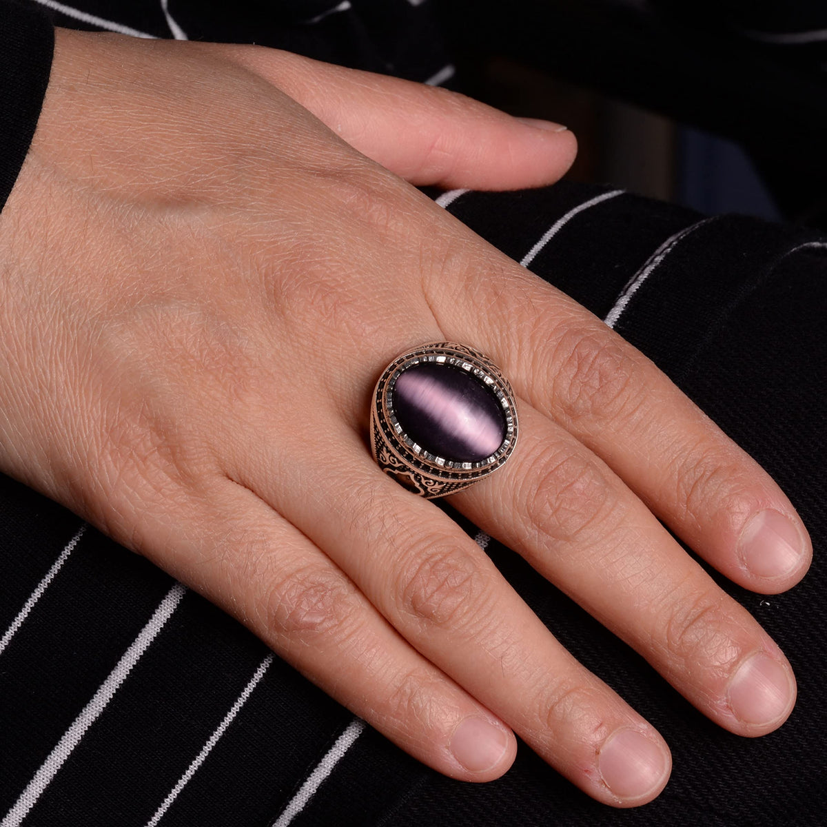 Natural Stone Ring, 925 Sterling Silver Men's Ring — 7