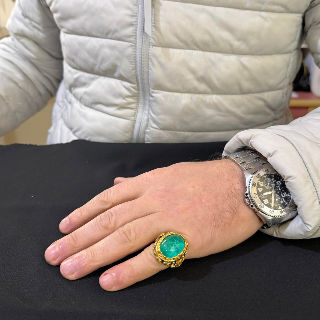 KAMBO Synthetic Paraiba Stone Men's Ring - Gold Plated 925 Sterling Silver - Large Oval Green Stone Handmade Ring — 3