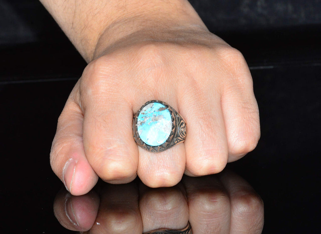 Natural Arizona Turquoise Stone, Silver Men's Ring — 7