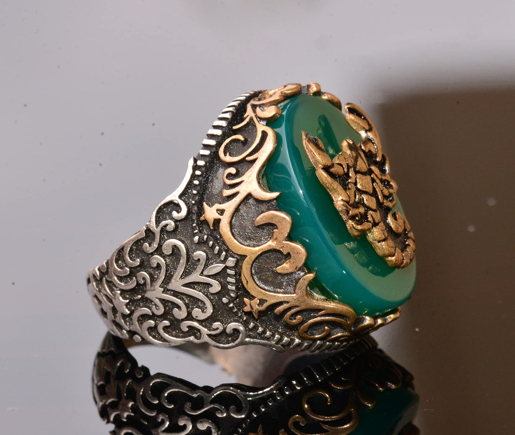 925 Sterling Silver Ring - Symbols Ring - Green Agate Stone Ring (Scorpion) — 4