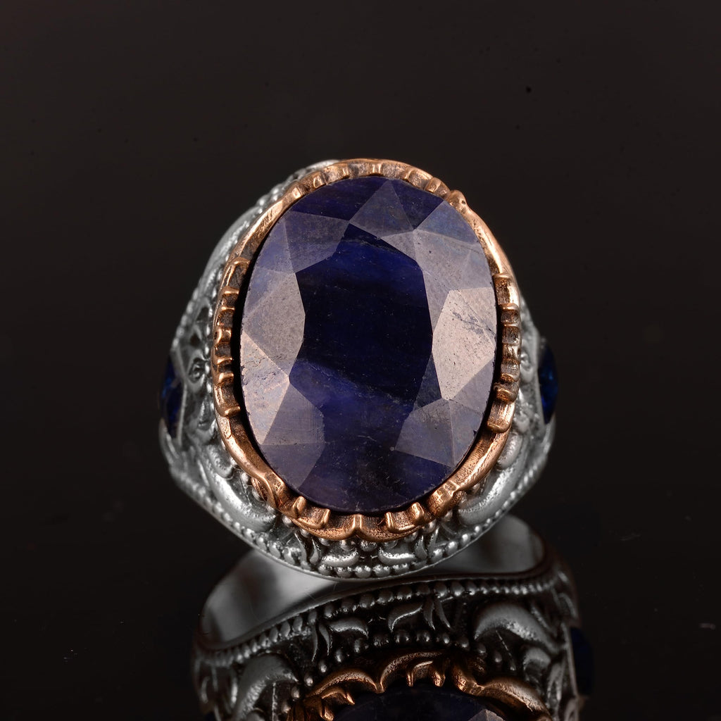 925 Sterling Silver Men's Ring - Handmade Ring with Natural Sapphire Stone — 6