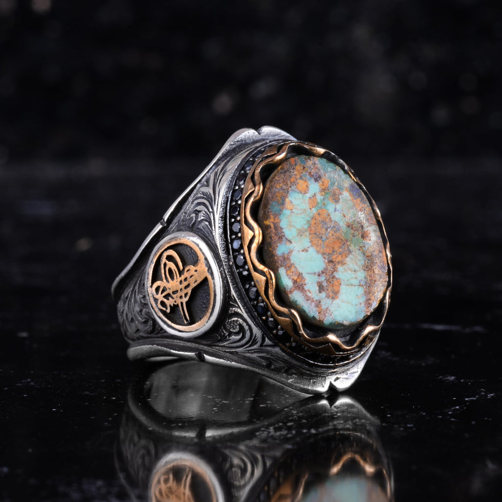 KAMBO Natural Turquoise Stone Ottoman Tugra Men's Ring 925 Sterling Silver – Handmade Statement Ring (Turquoise-5) — 6