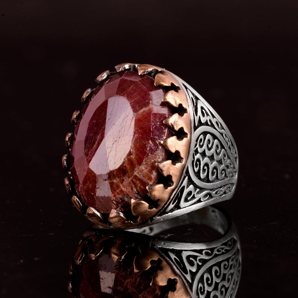 Falcon Jewelry Handmade 925 Sterling Silver Men’s Ring with Natural Ruby Gemstone, Art Deco Falcon Design, Vintage State