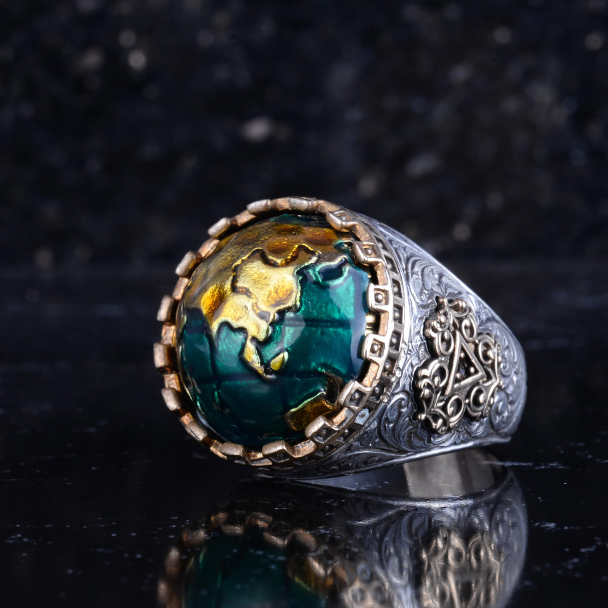 KAMBO 925 Sterling Silver World Map Designed Men's Ring Bronze Details Handmade Green Stone Statement Ring — 5