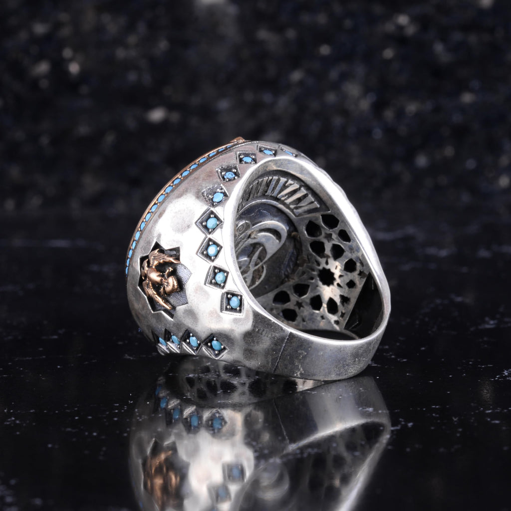 KAMBO World Map Men's Ring – Eagle Symbol, Blue Enamel Globe Design with Bronze Details 925 Sterling Silver Oval Seal Ring – Handmade Statement Jewelry — 8