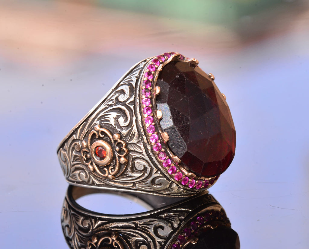 Handmade Natural Garnet Stone Silver Men's Ring - Symbol of Passion and Protection — 4
