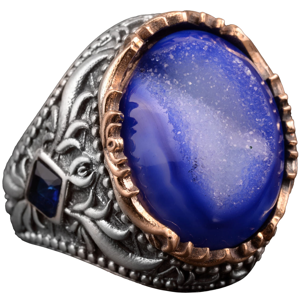 Vintage Style 925 Sterling Silver Ring with Natural Druzy Quartz Stone