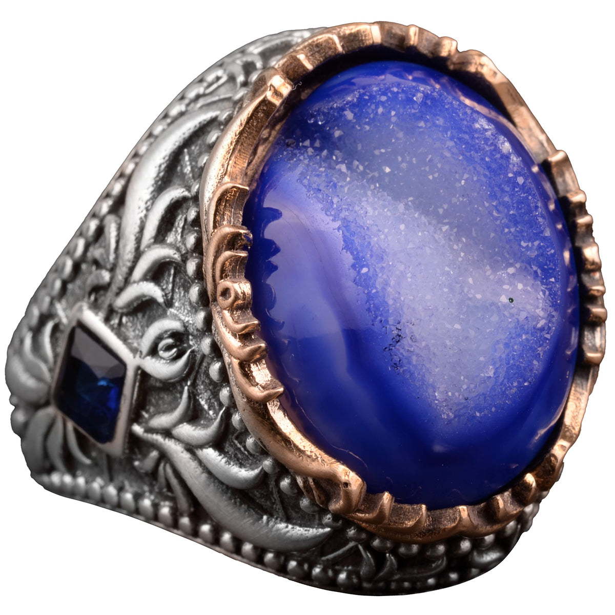 Vintage Style 925 Sterling Silver Ring with Natural Druzy Quartz Stone