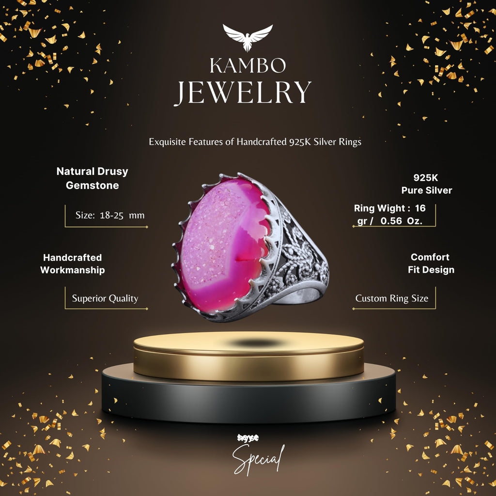 Silver Men's Ring with Drusy Quartz - Shiny Stone Collection — 2