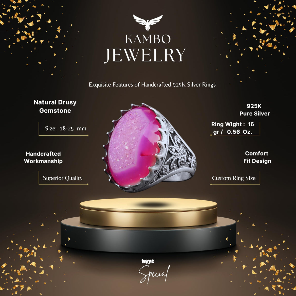 Silver Men's Ring with Drusy Quartz - Shiny Stone Collection — 2