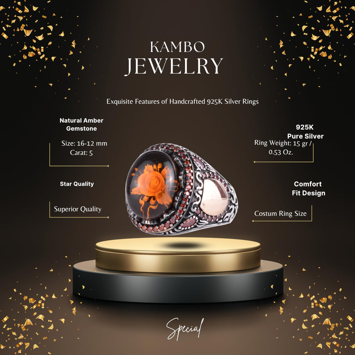 KAMBO Natural Amber Rose Pattern Men's Ring - 925 Sterling Silver Oval Seal Ring, Handmade Vintage Jewelry — 2