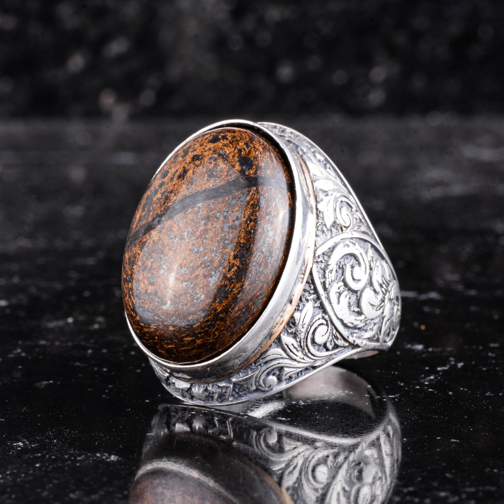 KAMBO Natural Bronzit Stone Large Men's Ring - Bronzit Stone Ring - Ottoman Floral Engraved 925 Sterling Silver Handmade Ring — 4
