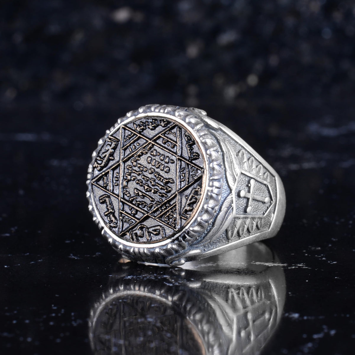 KAMBO Star of David Embroidered Ring – 925 Sterling Silver Men's Round Statement Ring – Ornate Embroidered Vintage Design — 5